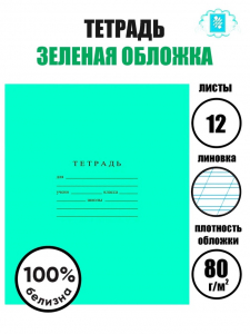 Тетрадь 12 листов в косую линейку «Зелёная обложка», плотность 60 г/м?
