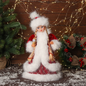 Снегурочка под ёлку «Зимнее волшебство. В пушистой шубке, с фонариком» двигается, с подсветкой, 40 см, красный