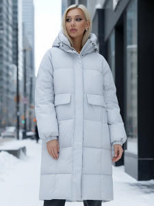 Куртка летучая мышь женская с капюшоном зимняя светло-серого цвета 9621SS