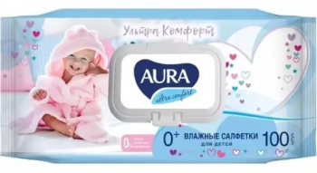 К. AURA Салфетки Влажные д/детей ULTRA COMFORTс экстр.алоэ и витамином Е с крышкой 100шт