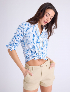 CROCHET TRIM PRINTED LINEN LONG SLEEVE SHIRT