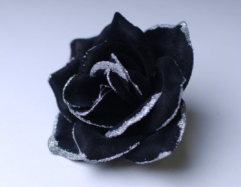 Искусственные цветы, Голова розы бархатная с серебром для ветки, венка черный