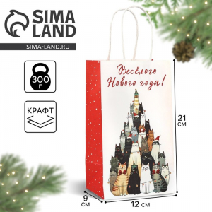 Пакет подарочный новогодний крафтовый «Весёлого Нового года», 12?9?21 см