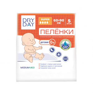 Пелёнки гигиенические одноразовые впитывающие DRY DAY детские 0+ Super 60х90 Модум, 5 шт