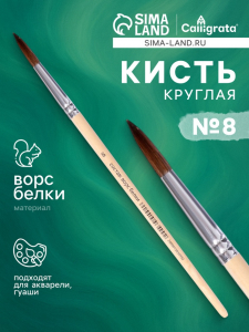 Кисть для рисования, белка, № 8, круглая, деревянная ручка, международный размер