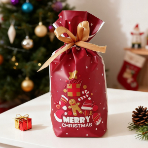 Пакет новогодний с атласной лентой для подарков и конфет 23*15 см. Merry Christmas