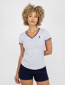 V-NECK SIGNATURE STRIPE TRIM T-SHIRT