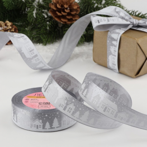 Лента атласная «Домики», 25 мм, 23±1 м, серая