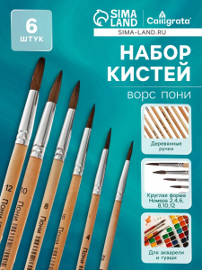 Набор кистей пони 6 штук (круглые:№ 2, 4, 6, 8, 10, 12), с деревянными ручками, на блистере