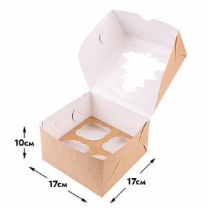 Коробка для 4 капкейков, Крафт с окном 