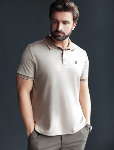 Футболка поло с воротником на пуговицах из полотна пике с меланжевым плетением с эластаном