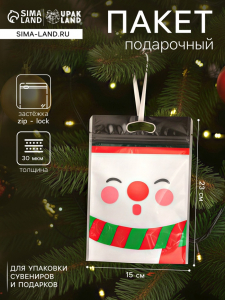 Пакет подарочный новогодний, с zip - lock застежкой, «Снеговик», 15?23±1 см