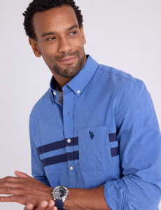 LONG SLEEVE PEACHED HEATHER CHEST STRIPE SHIRT
