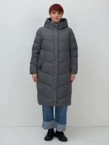 Пальто зимнее утепленное с капюшоном женское темно-серого цвета 7623TC