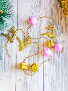 Бусы на ёлку «Подарки, олени, шарики», длина 1 м, золотисто - розовые