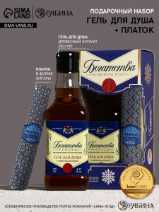 Подарочный набор новогодний «Богатства в Новом году»: гель для душа во флаконе виски, аромат древесный, 250 мл; платок в форме сигары