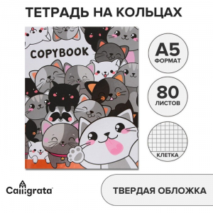 Тетрадь на кольцах A5 80 листов в клетку Calligrata «Коты», обложка 7БЦ, без вырубки под кольца, блок офсет