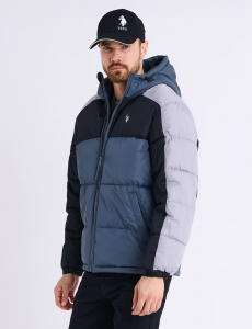 TRI COLOR BLOCK HOODED PUFFER JACKET