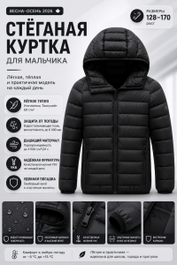 Стёганая куртка для мальчика с капюшоном и утеплителем Тинсулейт черного цвета 9625_3Ch