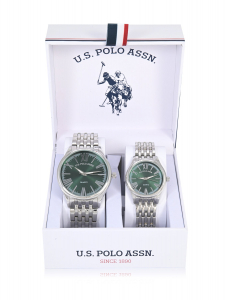 HIS AND HERS SILVR LINK WITH GREEN DIAL WATCH SET