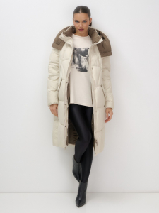 Пальто зимнее утепленное с капюшоном женское бежевого цвета 7709B