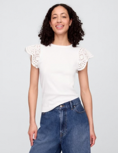 Ribbed Eyelet Flutter Sleeve T-Shirt