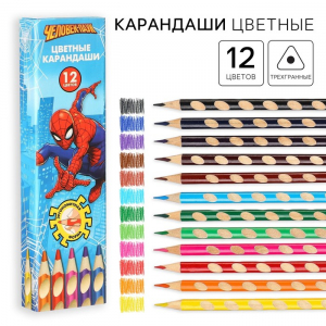 Цветные карандаши, 12 цветов, трехгранные, «Человек-паук»