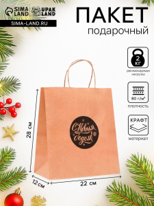 Пакет бумажный подарочный новогодний крафт, «Новогодний шар», чёрный 22?12?25 см