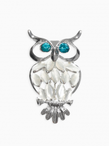 Брошь «Совушка», бело-синяя в серебре