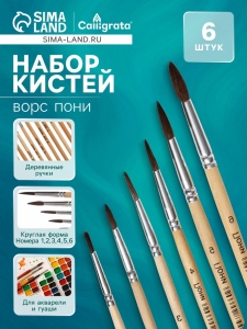 Набор кистей пони 6 штук: № 1, 2, 3, 4, 5, 6, круглые, мягкие