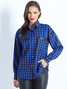 Рубашка синяя с принтом гусиная лапка
