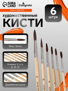 Кисти для рисования, белка, 6 штук: № 2, 4, 6, 8, 10, 12, Calligrata, круглые, деревянная ручка, международный размер