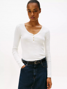 Gold-Button Scoop Neck Henley