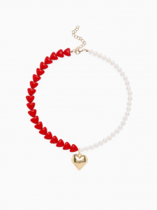Бусы с жемчугом «Сердце», красно-белый в золоте, 45 см