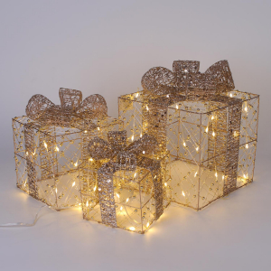 Новогодняя декорация подарочные коробки с подсветкой 25*25/20*20*/15*15 см 3 шт. золотые