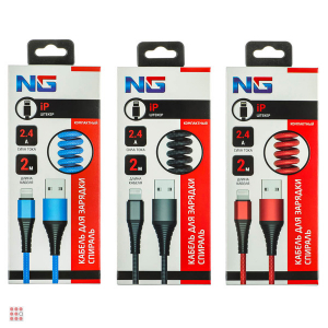 Кабель для зарядки Спираль iP, 2 м, 2.4А, быстрая зарядка, 3 цвета