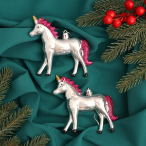 Ёлочные игрушки 2 шт. «Зимнее волшебство. Сказочные единороги» пластик, 9?9 см, серебро