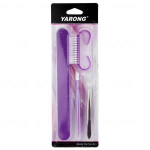 Маникюрный набор 4 предмета: пинцет; пилка двусторонняя наждачная; щетка для ногтей; пушер-лопатка для кутикулы, цвета в ассортименте: розовый, голубой, фиолетовый, в блистере (Китай)