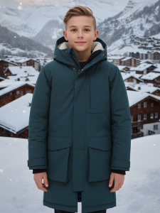 Парка зимняя подростковая для мальчика с капюшоном темно-зеленого цвета 9539TZ