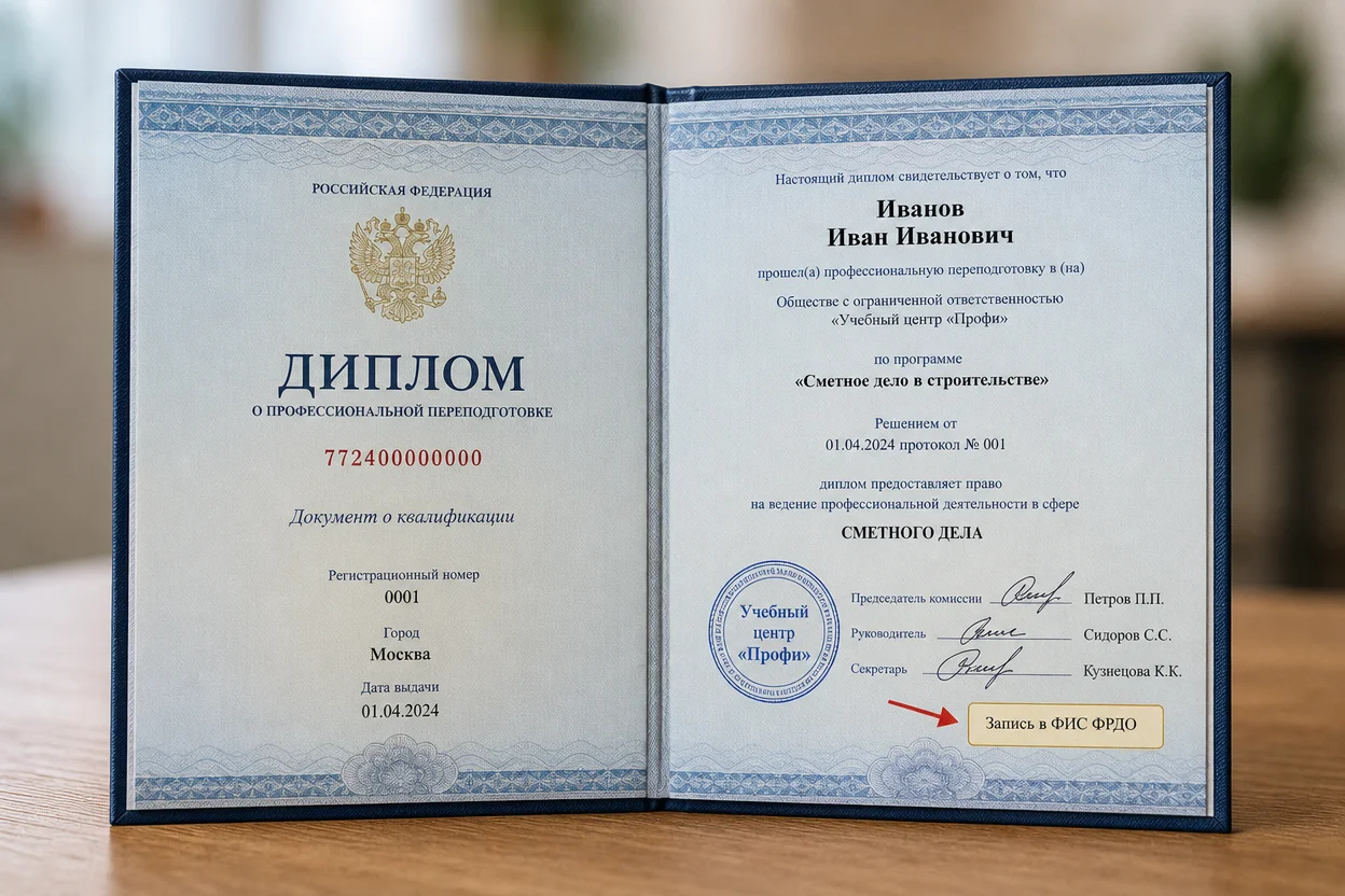 Профессиональная переподготовка сметчика — диплом с записью в ФИС ФРДО