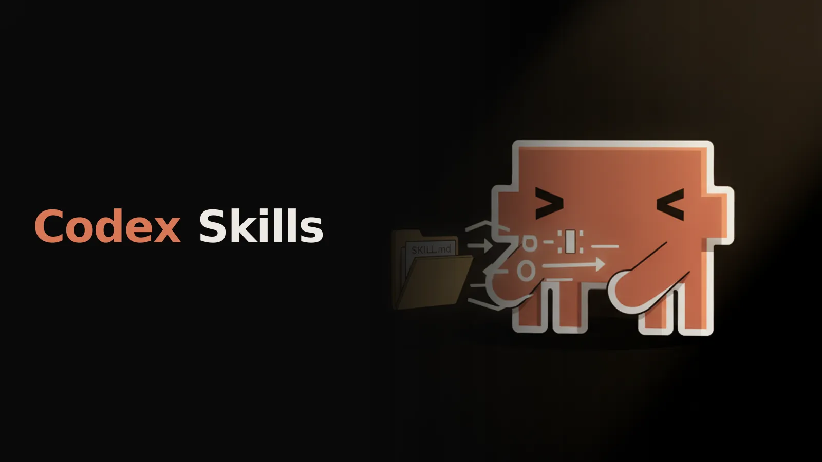 Открытая папка «SKILL» с документом, из которого вылетают светящиеся символы пошагового процесса.