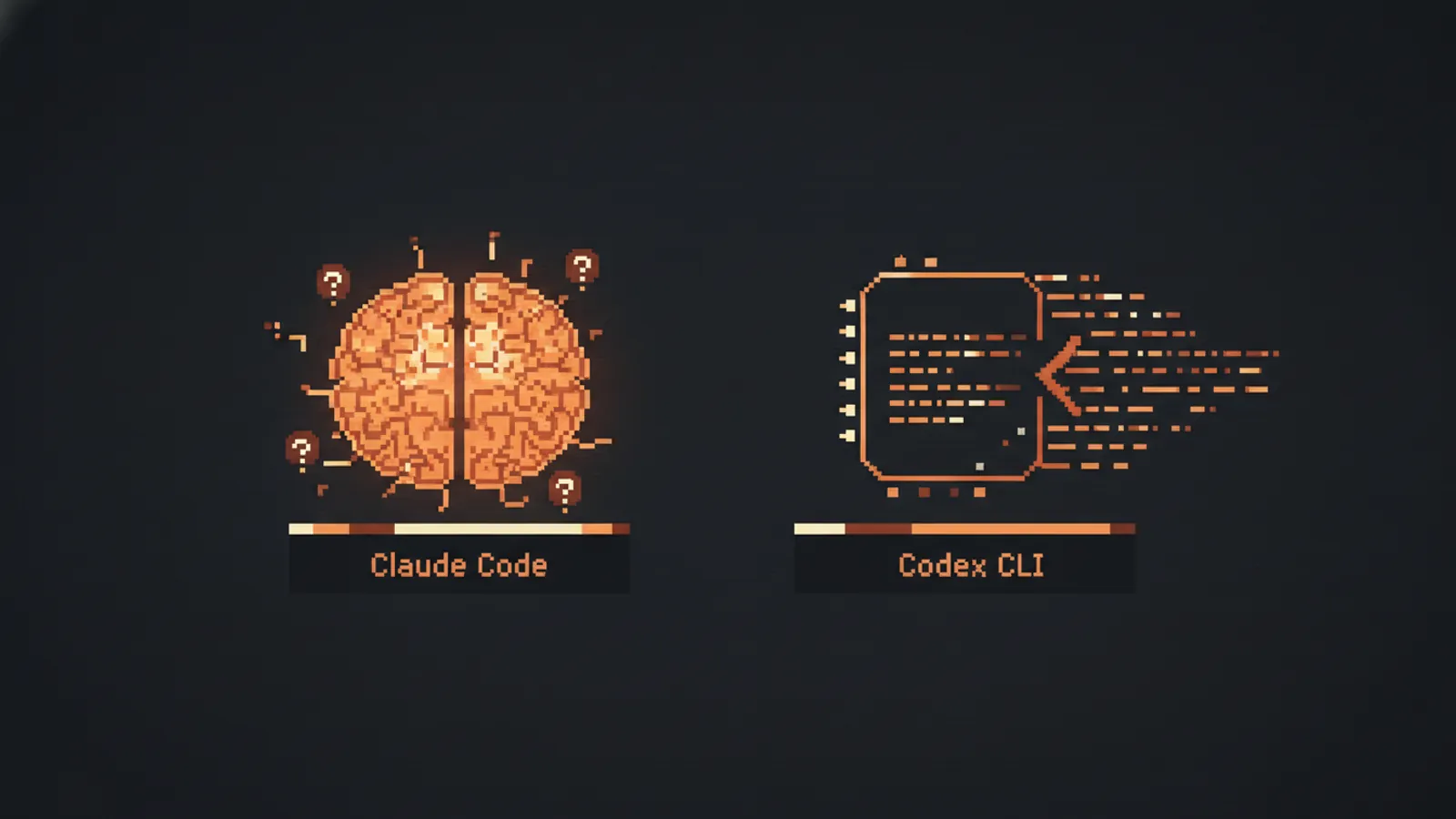 Два цифровых ядра: пульсирующий Claude Code (диалог) и стремительный Codex (поток данных) на платформе.