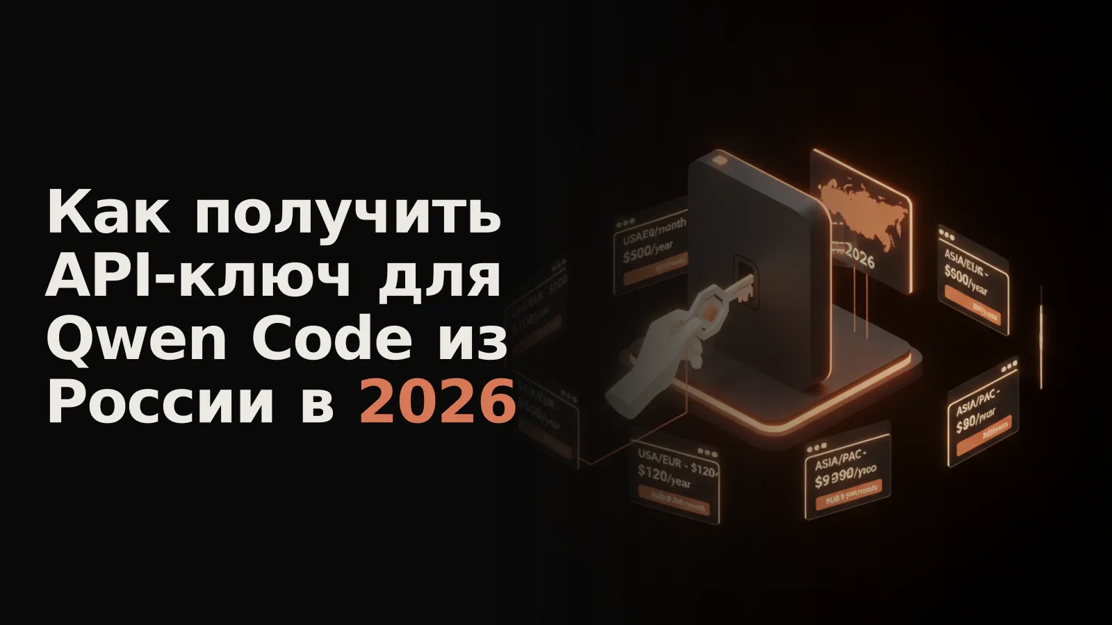 Рука с ключом выбирает из светящихся терминалов поставщика API-ключа для Qwen Code, часть из которых недоступна.