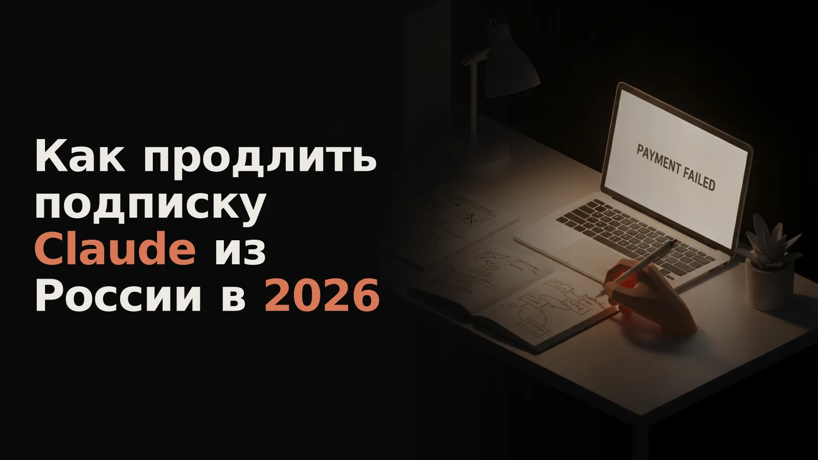 Утренний стол с ноутбуком, где "Платеж не прошел", и рукой с ручкой над блокнотом с планами оплаты.