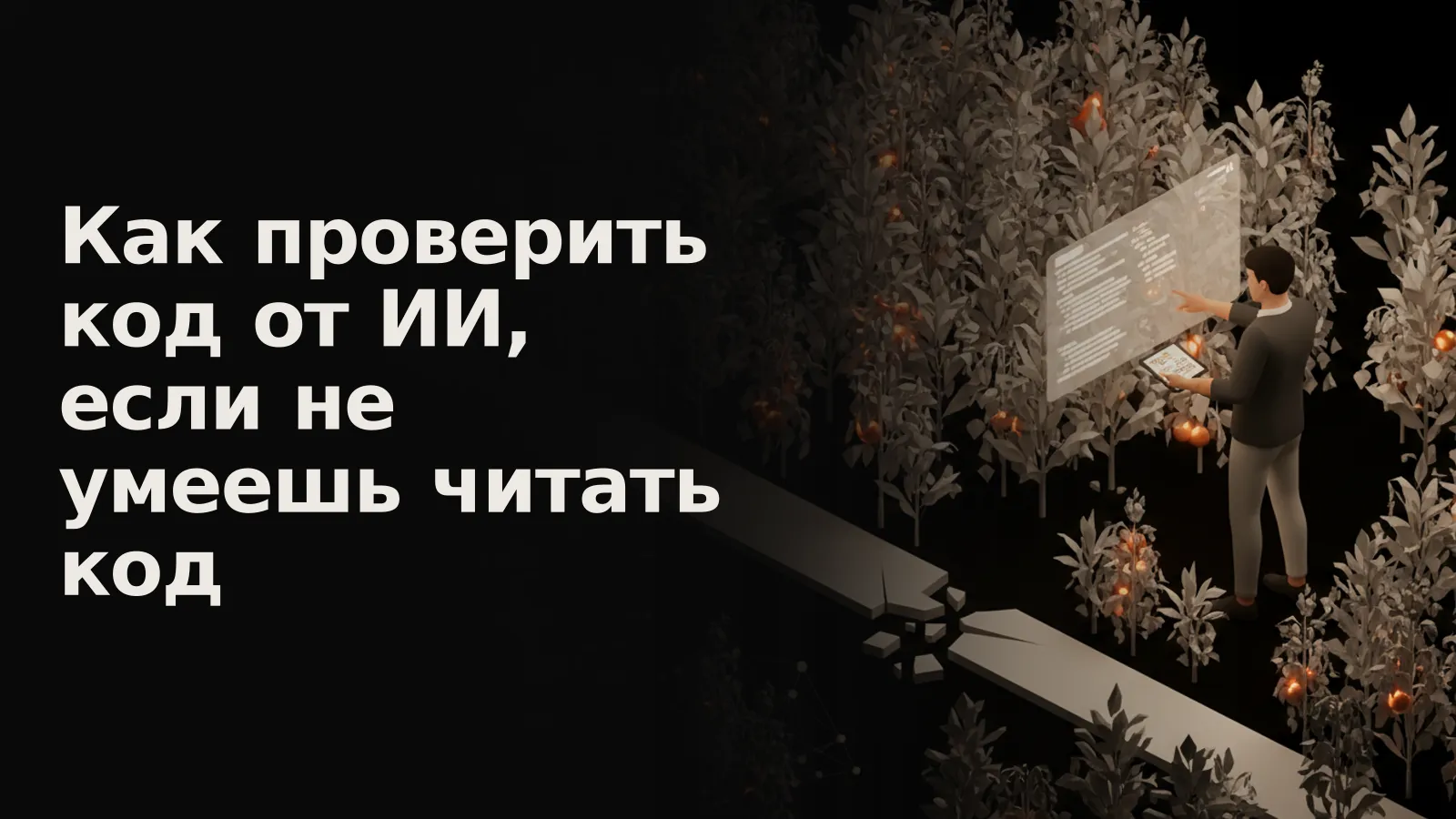 Пользователь проверяет голографический ИИ-интерфейс, ища ошибки без чтения кода.