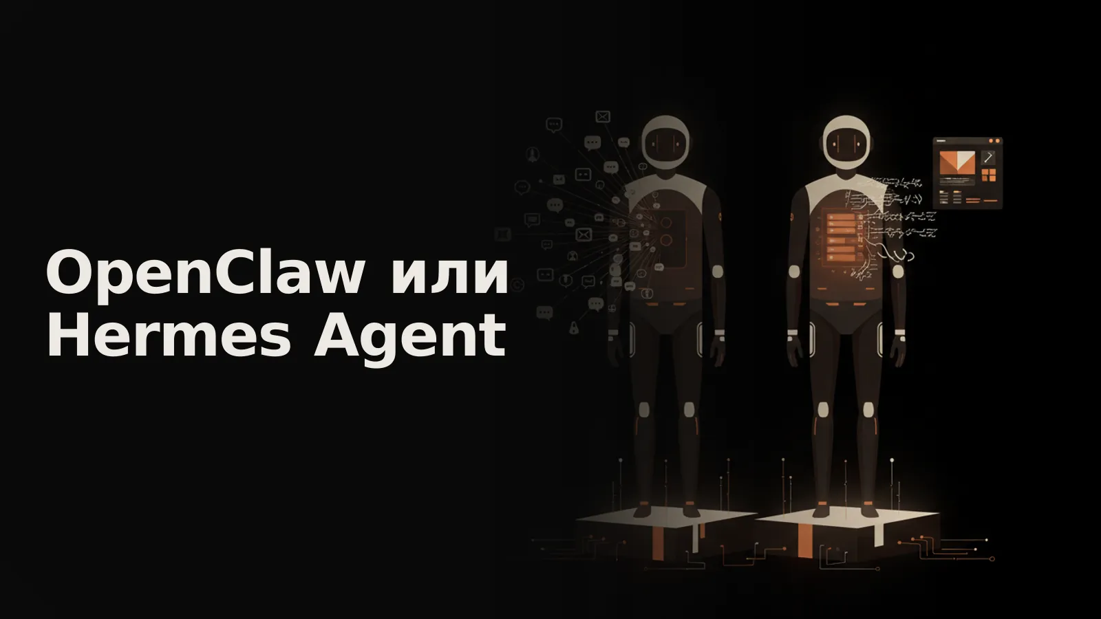 Два почти идентичных ИИ-агента: OpenClaw с иконками мессенджеров, Hermes с логикой навыков и памятью.