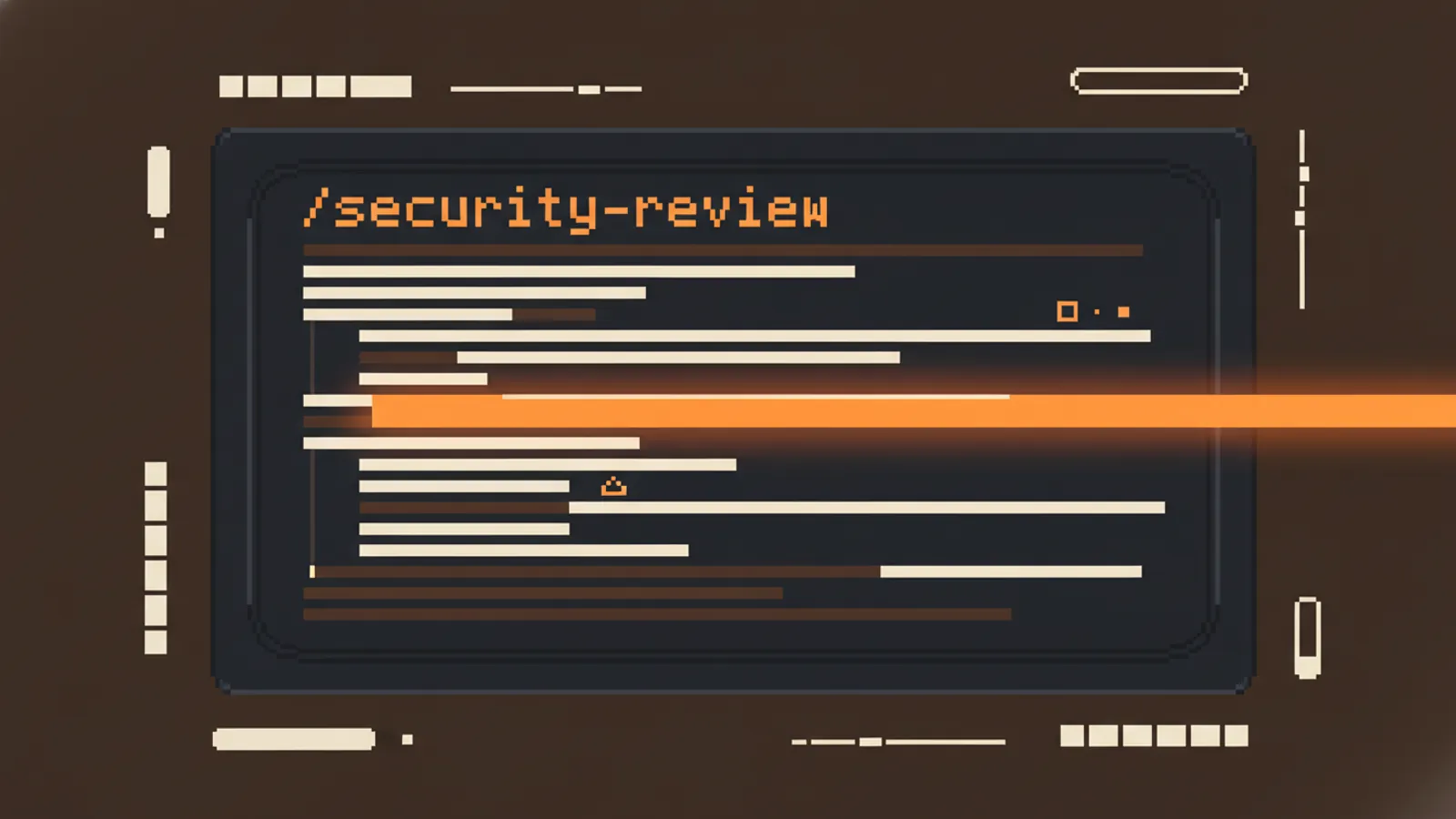 Терминал с командой "/security-review" сканирует код лучом, выявляя уязвимости.