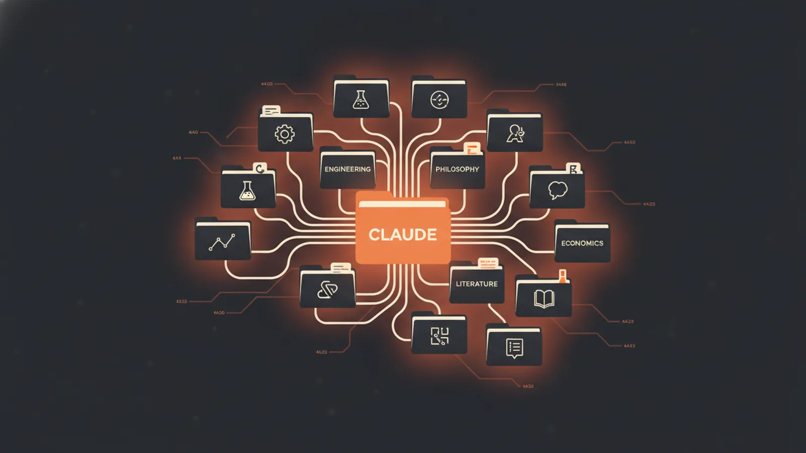 Светящийся цифровой мозг, составленный из папок, где CLAUDE.md в центре связывает потоки данных и версионный контроль.