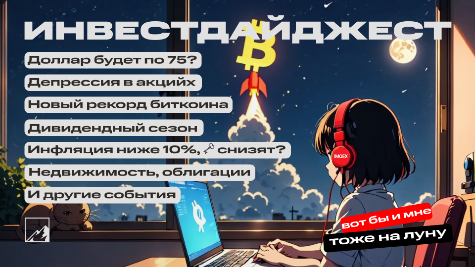 Доллар будет по 75? Инфляция ниже 10%.  Рекорд биткоина. Печаль в акциях и недвижимости. Может ключ снизят? Воскресный инвестдайджест