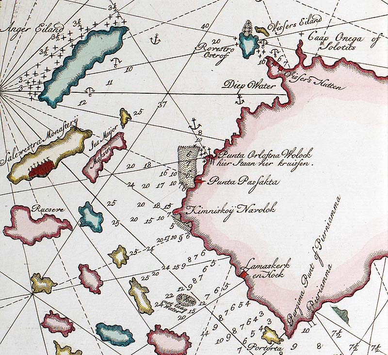 Карта Онежского залива Белого моря, рейда Онежского устья и острова Анзер. Ван Кёлен. 1786